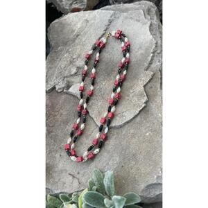 Vintage double stranded gold tone faux pearl, black,  Red Brick beaded necklace